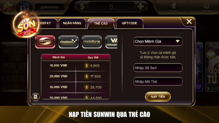 Nạp tiền Sunwin qua thẻ cào